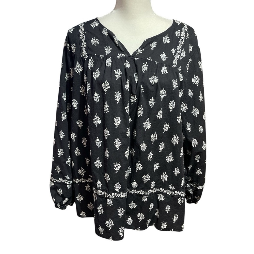 Maurices Womens Floral Peasant Blouse Black White Size 2X Fairy Casual Prairie
